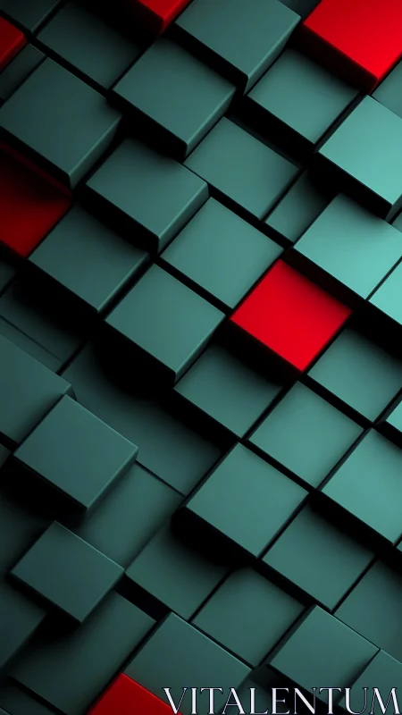 Geometric teal and red 3D cubes in staggered grid pattern.