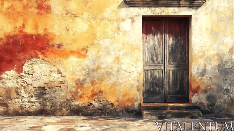Sunlit weathered doorway on textured ochre plaster wall.