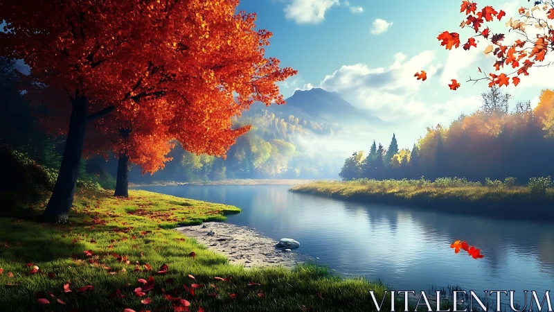 Autumn river landscape with red trees and distant mountain.