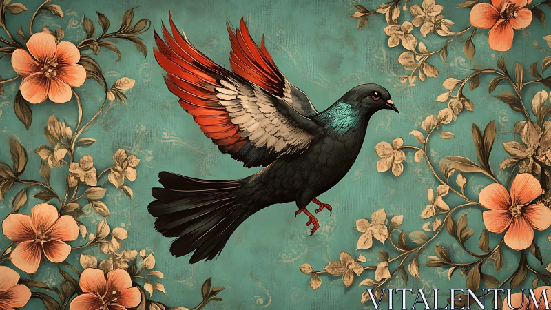 Elegant pigeon in flight with vibrant wings, vintage floral art.
