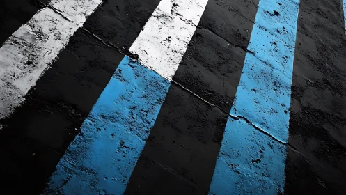 Abstract view of crosswalk with blue and white stripes, urban style.