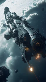 Starfaring dreadnought knifes through cloudlit orbital dusk