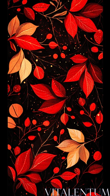 Stylized red and orange foliage forms a vertical botanical panel