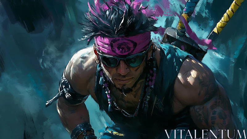 Bandanaed swordsman in teal environment with neon accents.