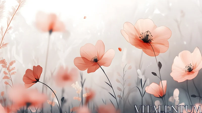 Translucent Poppy Field in Soft Gradient Bokeh. Artistic Floral Rendering.