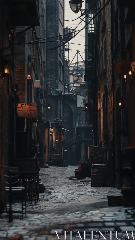 Rain-soaked cobblestone alley glows with moody lantern light.