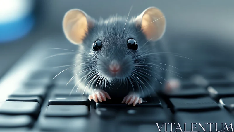 Tiny gray mouse rests on keyboard in soft digital glow.