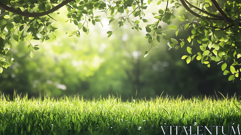 Sunlit green meadow edges frame bright blurred forest view