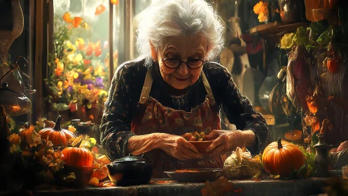 Elderly woman prepares food at a cluttered autumn worktable