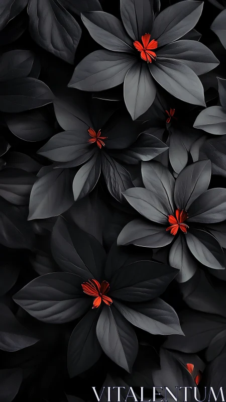 Red Flowers Against Black Petals and Foliage
