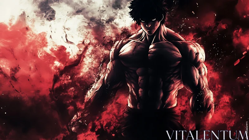 Hyper-defined anime warrior in red-black explosive energy field
