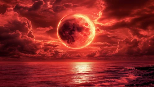Red moon dominates stormy ocean horizon under glowing clouds