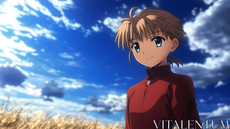 Anime teen under vivid blue sky in golden field.