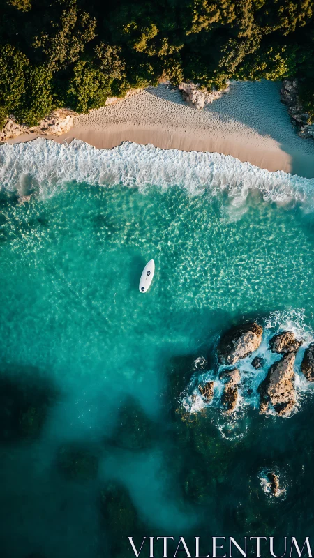 Solitary paddleboard on turquoise shoreline from above.