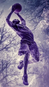 Basketball player suspended midair in stylized purple scene