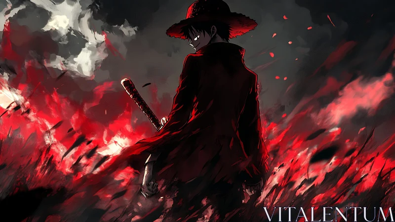Backlit swordsman in red coat amid dynamic crimson flames