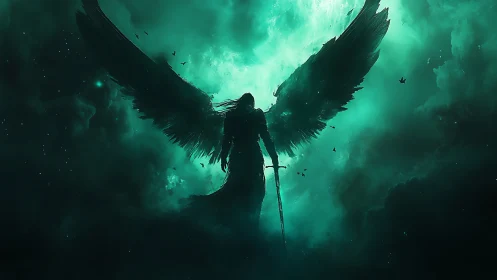 Midnight seraph stands guard in a storm of emerald light.