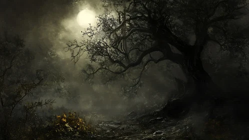 Moonlit twisted tree looms over a fog-drenched forest path