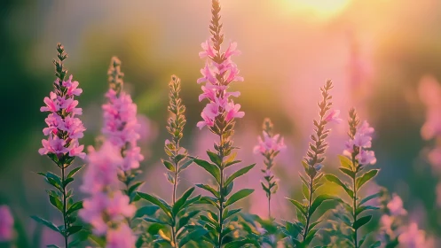 Pink wildflower spikes under diffuse warm sunset light.