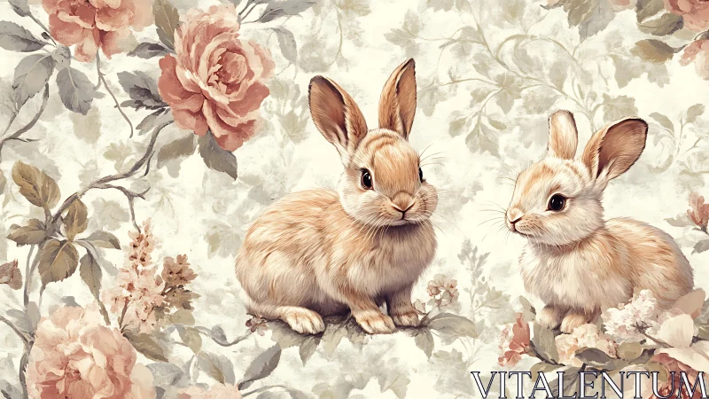 Gentle garden bunnies nestled among dreamy vintage blooms.
