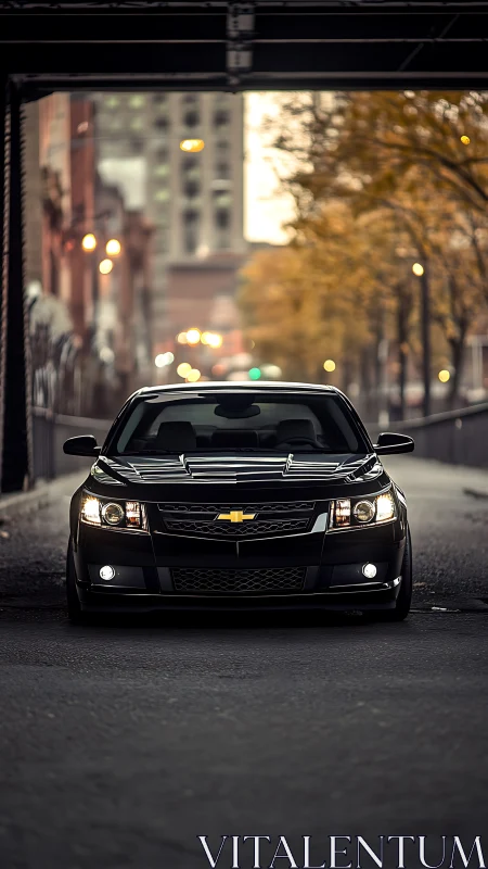Black Chevrolet sedan centered on urban street under bridge