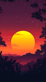 Layered tropical sunset silhouette with luminous gradient sun.