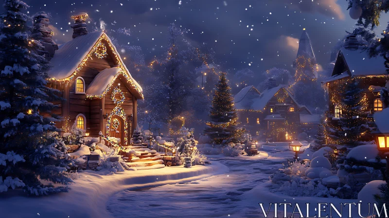 Snowy village cabin glows with warm festive winter lights