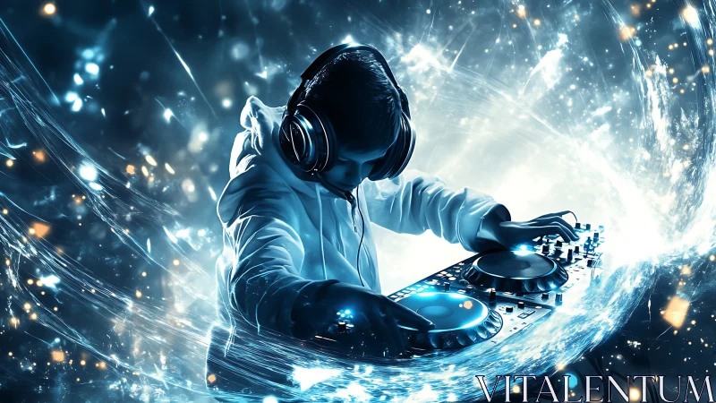 Futuristic DJ bends glowing sound waves in cosmic vortex