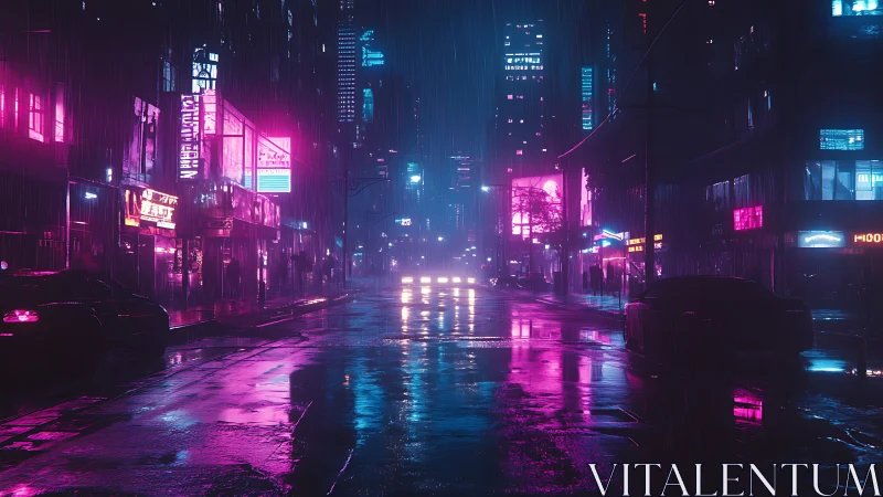 Rain-soaked neon urban street with reflective wet roadway.
