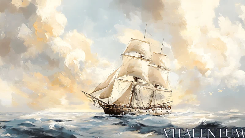 Tall ship under full sail on bright open ocean horizon.