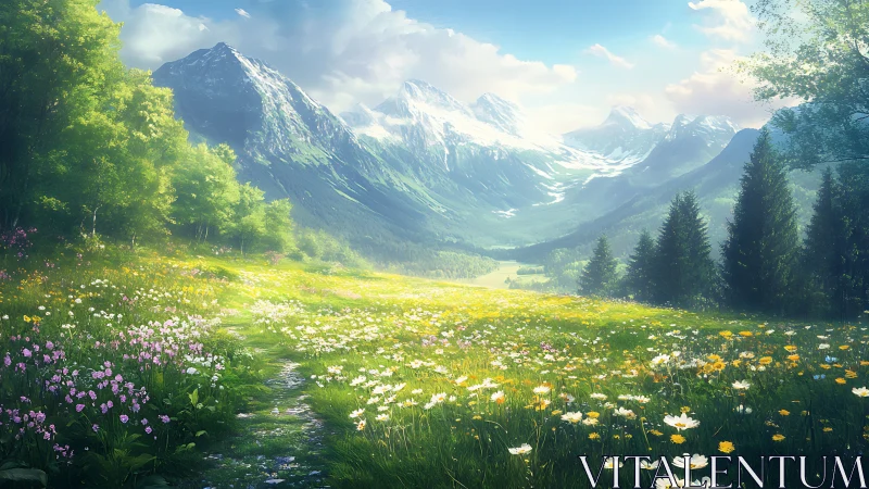 Sunlit alpine meadow extends toward distant snowy peaks.