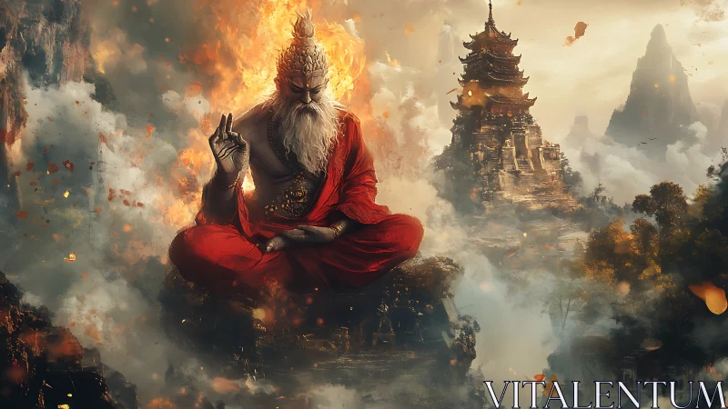 Flaming monk levitates above misty pagoda landscape in dynamic clouds
