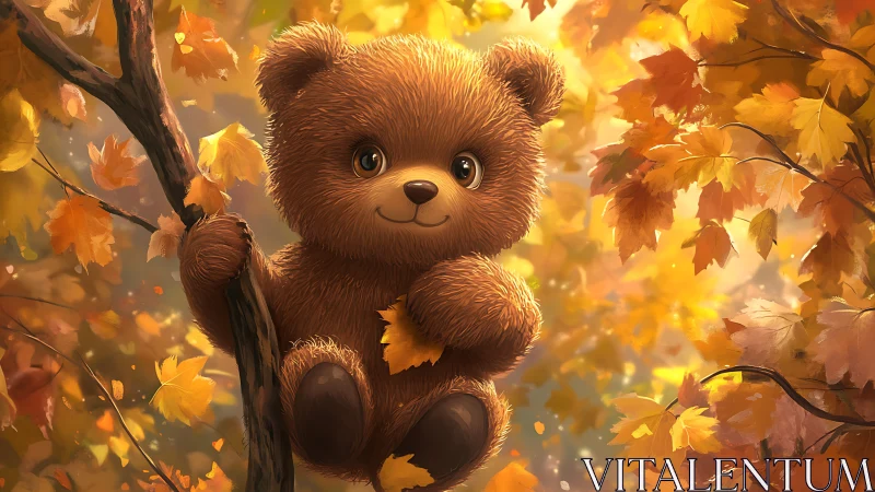 Cute plush bear in glowing autumn forest canopy.