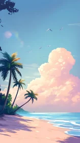 Tropical Beach at Sunrise with Pink Clouds and Palm Trees