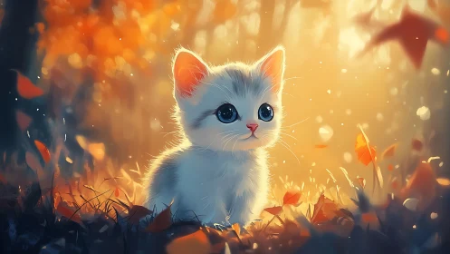 White Kitten Glowing Amid Autumn Leaves.
