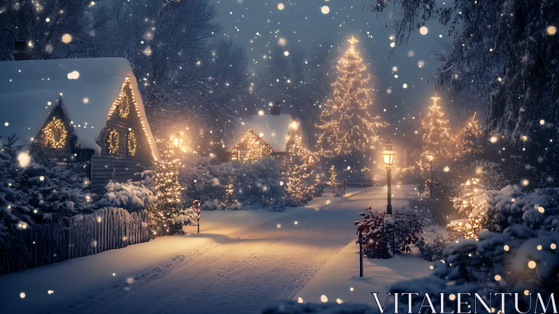 Snowy village street wrapped in soft holiday glow.