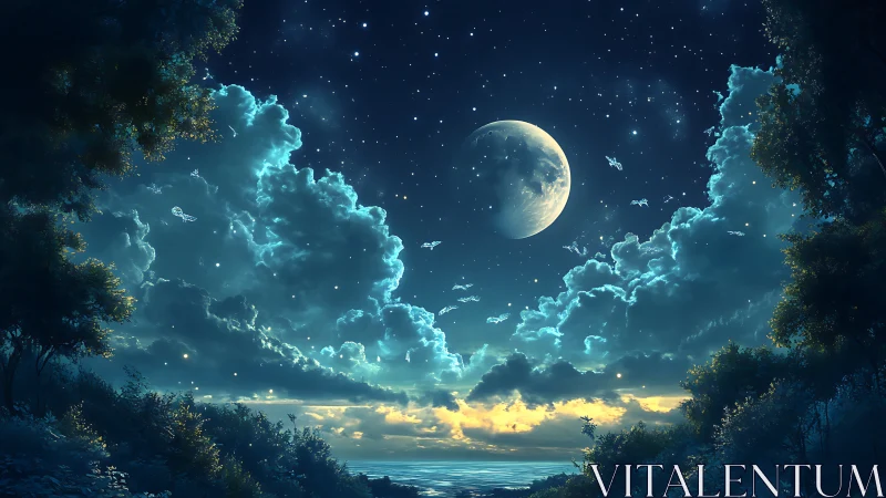 Moonlit clouds above ocean horizon in fantasy night sky.