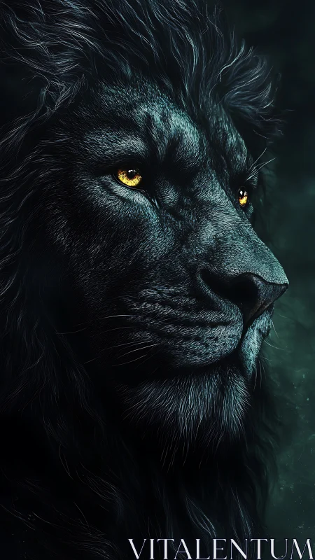 Side profile of digitally rendered dark lion with lighted eyes