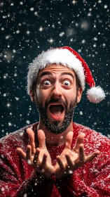 Joyful man in Santa hat celebrates first winter snowfall.