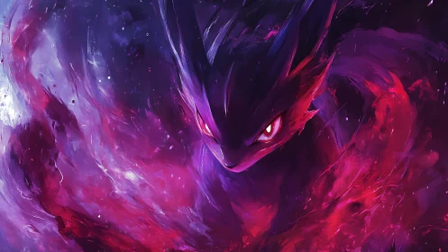 Dark stylized creature in swirling purple and red field.