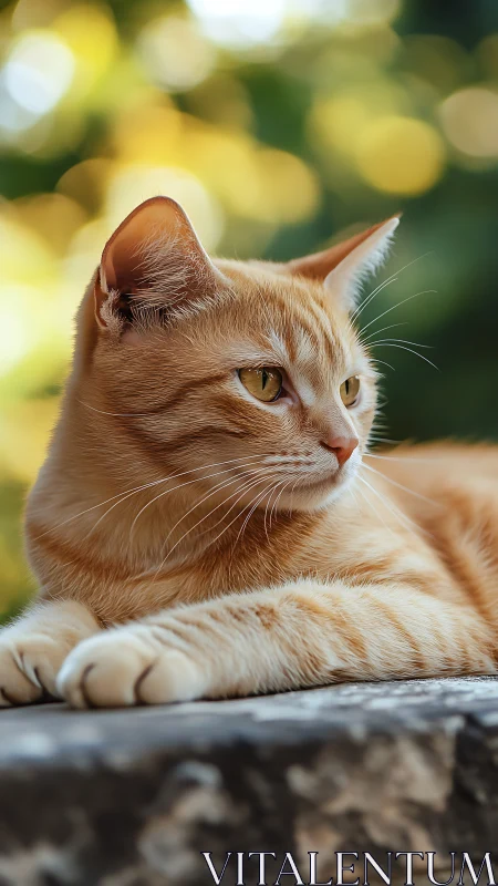 Ginger Tabby Cat in Outdoor Setting with Blurred Green Background