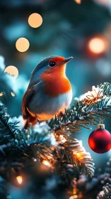 Robin on snow-covered fir branch with winter lights.