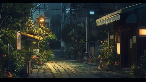 Rain-soaked alley street under warm lamps and foliage.