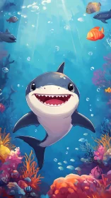 Smiling cartoon shark swims above bright coral reef scene.