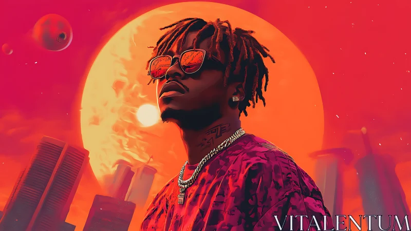 Neon-lit urban portrait against colossal crimson sun.