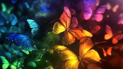 Radiant butterflies drift through a glowing neon twilight dream