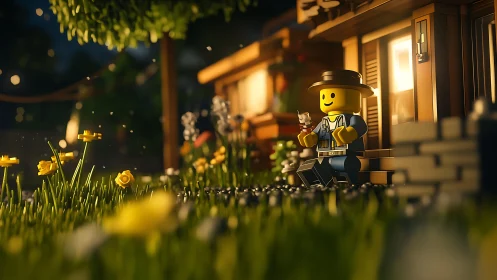 Nocturnal LEGO homestead rendered with cinematic depth of field.