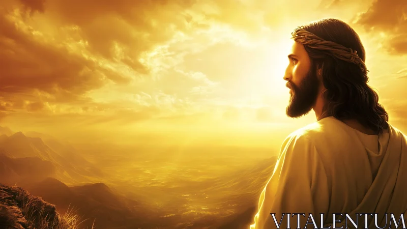 Profile view of robed man against luminous mountain sunset.