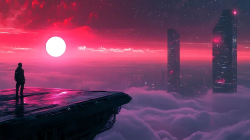 Solitary observer surveys neon magenta megacity above clouds