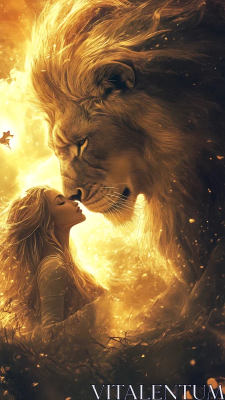 Sunlit lion and dreambound woman trade a silent promise